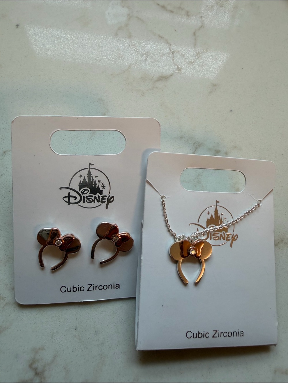 Disney Rose Gold Minnie Bow Necklace and Stud Earrings Set